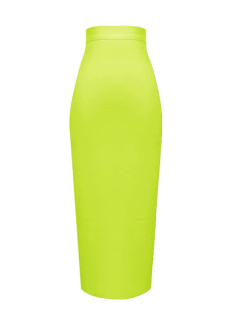 Women Candy Color Sexy Neon Green Pink Orange Yellow Pink Midi Knee Length Bandage Skirt Designer Pencil Skirt Faldas 78Cm