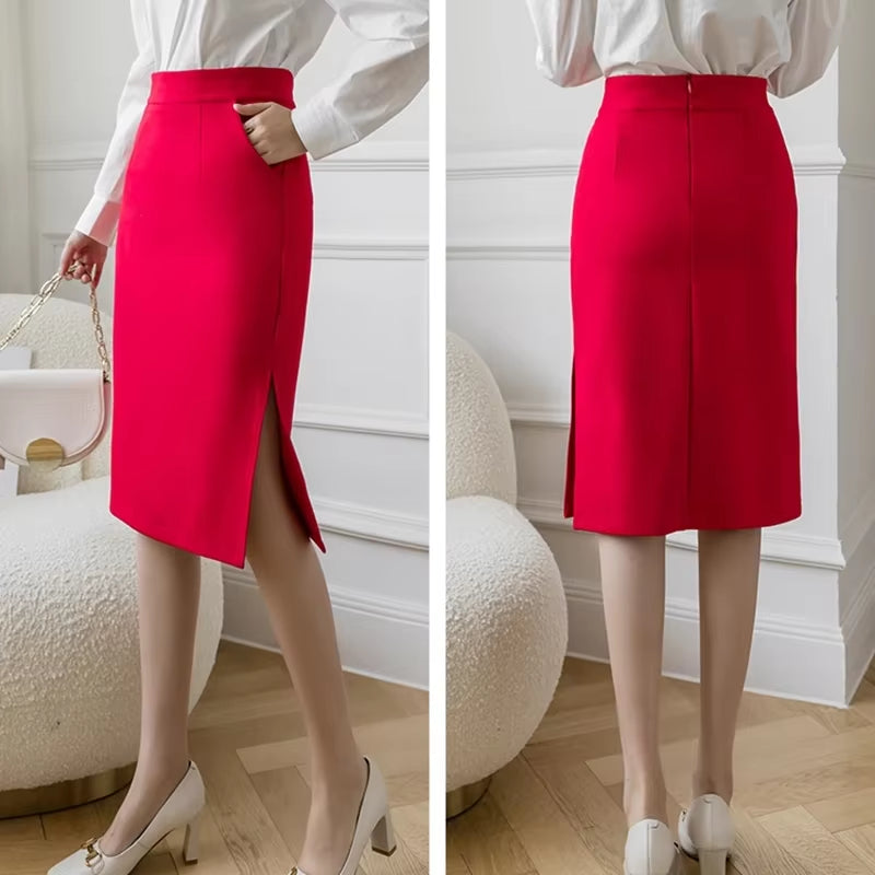 Fashion Korean High Wiast Office Skirt Oversized 2024 Women Summer Bodycon Long Skirts Elegant Sexy Pockets Midi Pencil Skirt