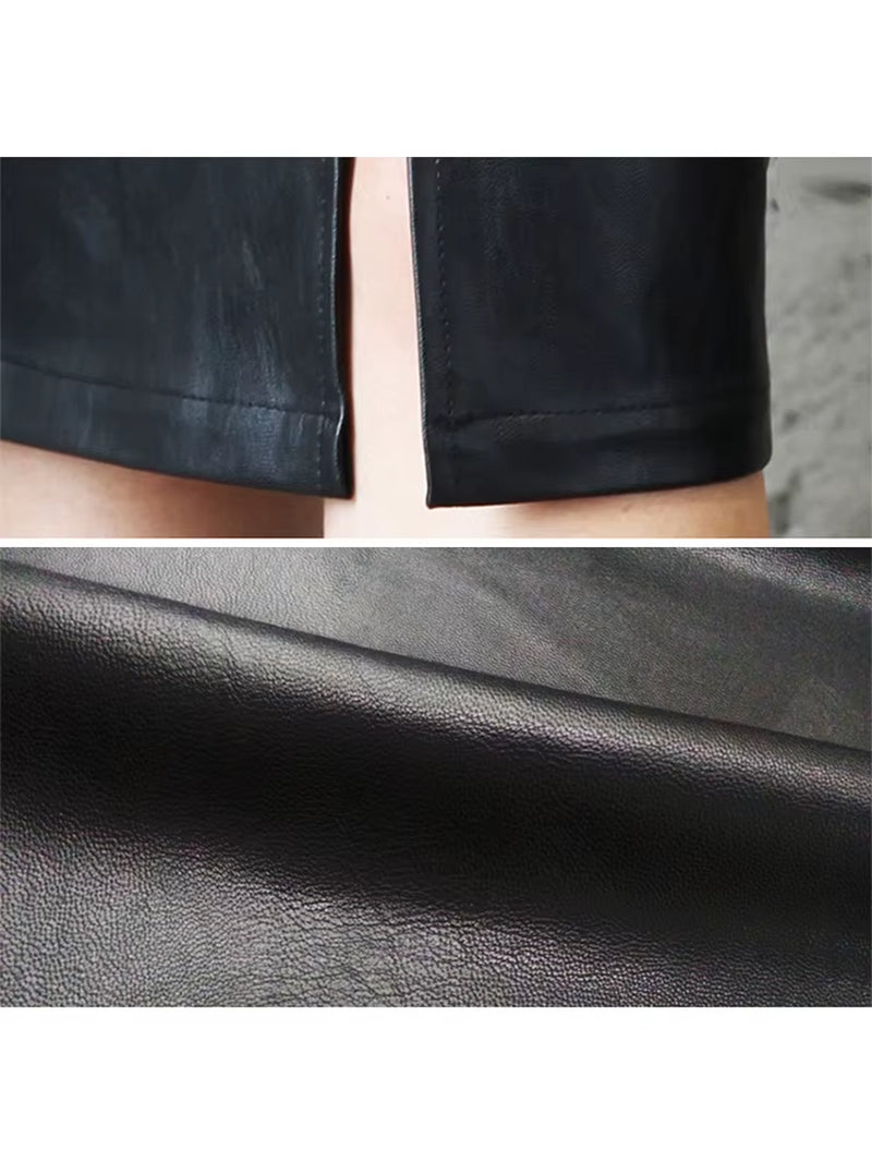 2024 Women PU Leather Midi Skirt Autumn Winter Ladies Package Hip Front or Back Slit Pencil Skirt