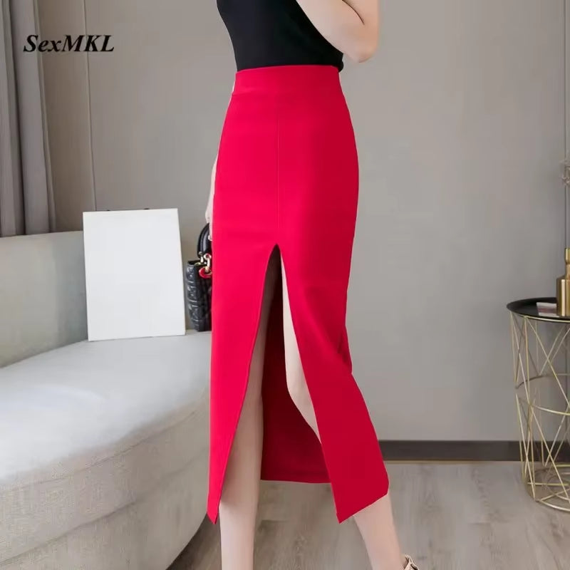Oversized Faldas Mujer Moda 2024 Fashion Long Skirts Womens High Waist Red Korean Skirt Office Women Sexy Black Skirt