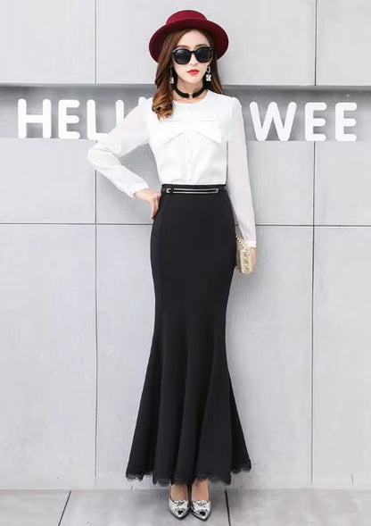 New Spring Summer Fashion Fishtail Bodycon Skirt Flounced High Waist Lace Sexy Long Skirt Woman